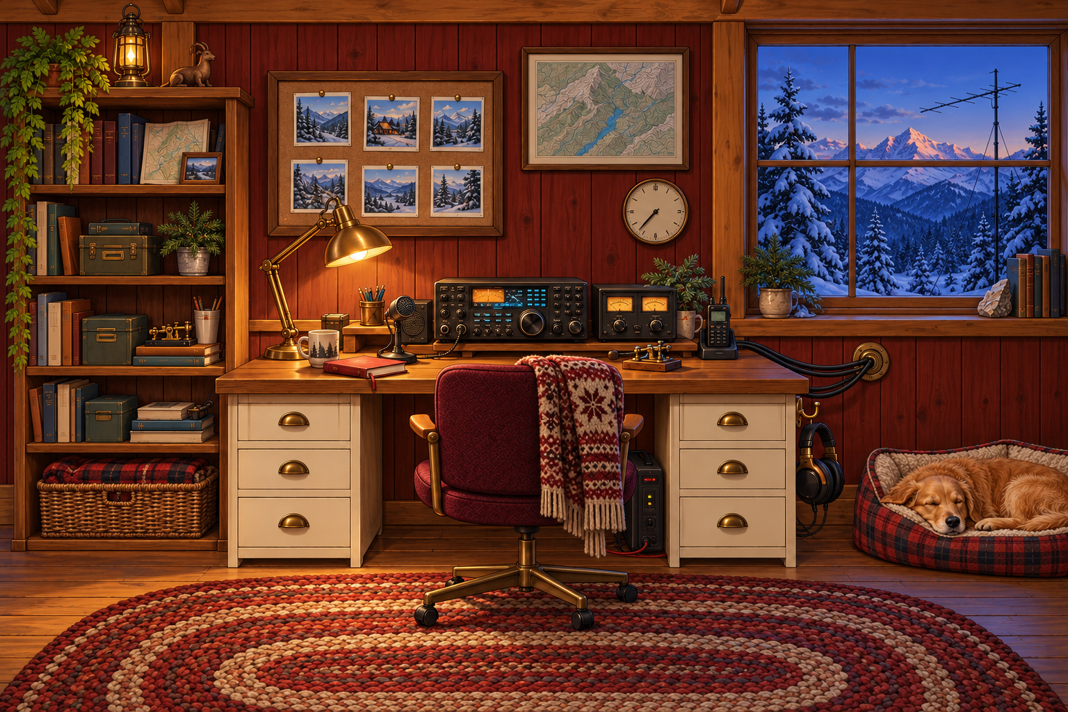 Front-facing illustrated radio room with cedar paneling, honey oak + ivory desk, hf rig + battery backup, burgundy chair + blanket, snowy blue hour, golden retriever.