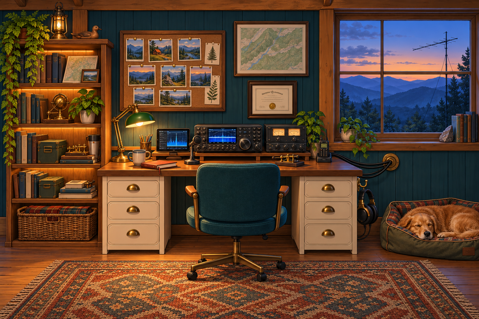 Front-facing illustrated radio room with midnight teal paneling, refined walnut + ivory desk, hf console + tuner + display, teal upholstered chair, mountain dusk, golden retriever.