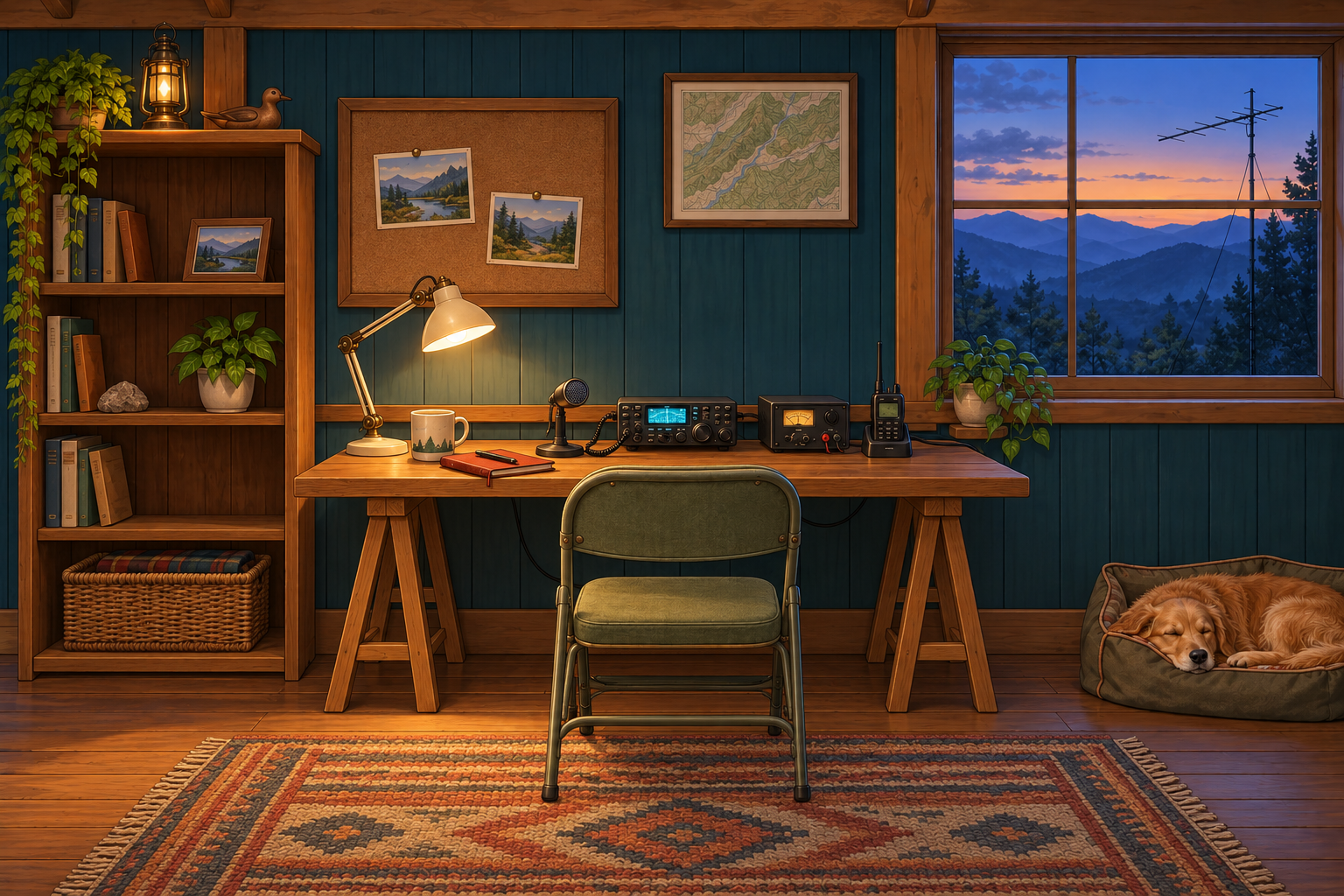 Front-facing illustrated radio room with midnight teal paneling, oak trestle table, small radio + handheld, sage folding chair, mountain dusk, golden retriever.
