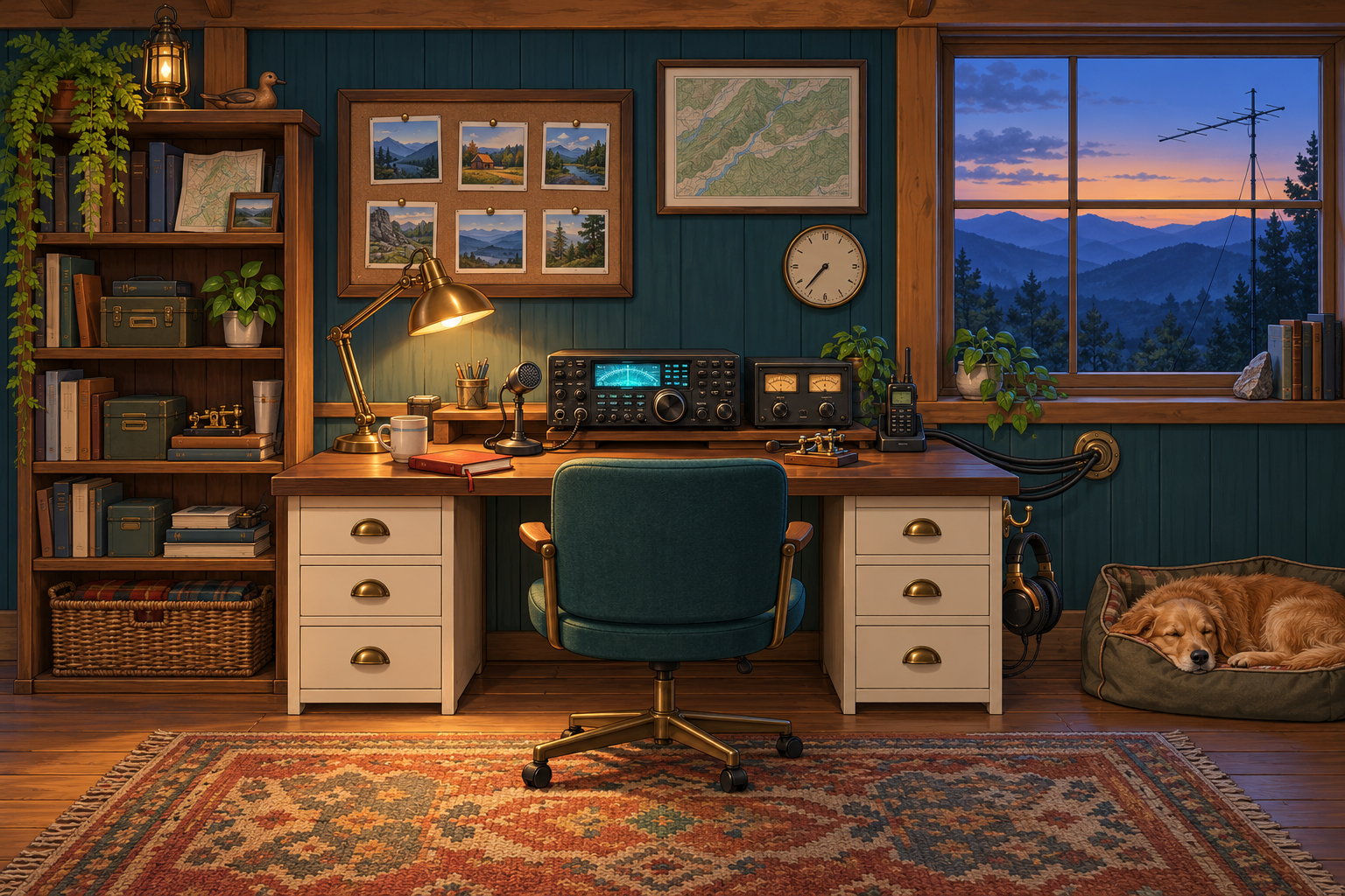 New Blue Ridge radio room with warm wood, teal walls and a sleeping dog