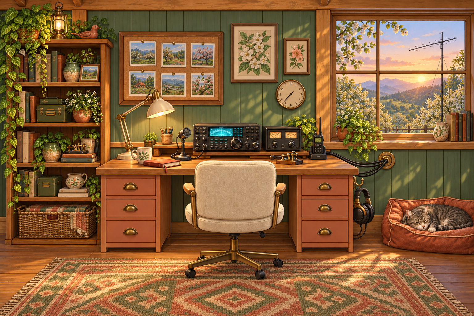 Front-facing illustrated radio room with sage paneling, oak + terracotta desk, graphite radio + brass key, cream fabric chair, spring orchard, tabby cat.