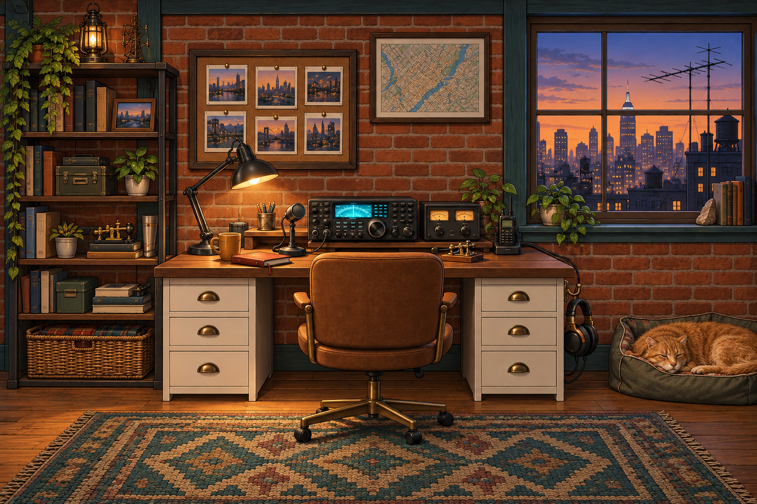 Front-facing illustrated radio room with warm brick + teal trim, walnut + cream desk, compact hf console, caramel chair, city skyline at dusk, orange tabby.