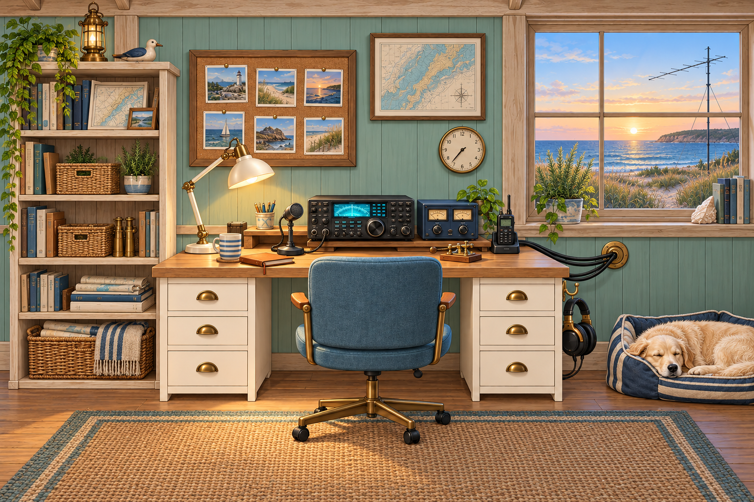 Front-facing illustrated radio room with sea-glass beadboard, pale oak + ivory desk, charcoal + marine-blue gear, sea-blue fabric chair, coastal sunrise, cream retriever.