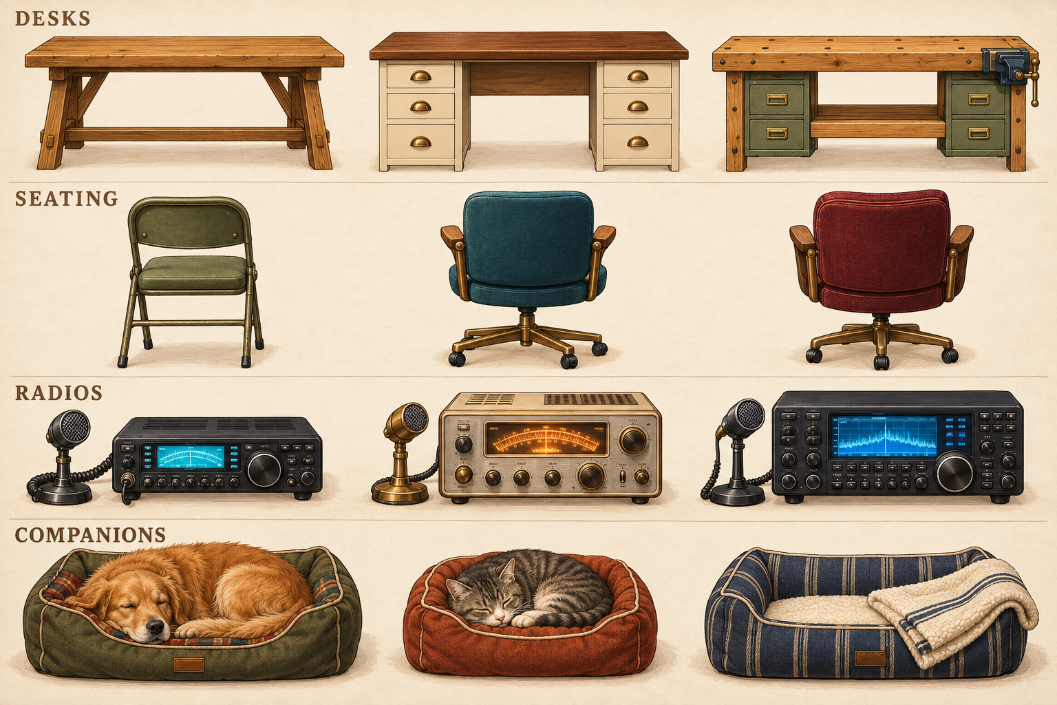 Illustrated customization sheet: three desks, three chairs, three radio styles, and dog, cat or empty-bed companion options.