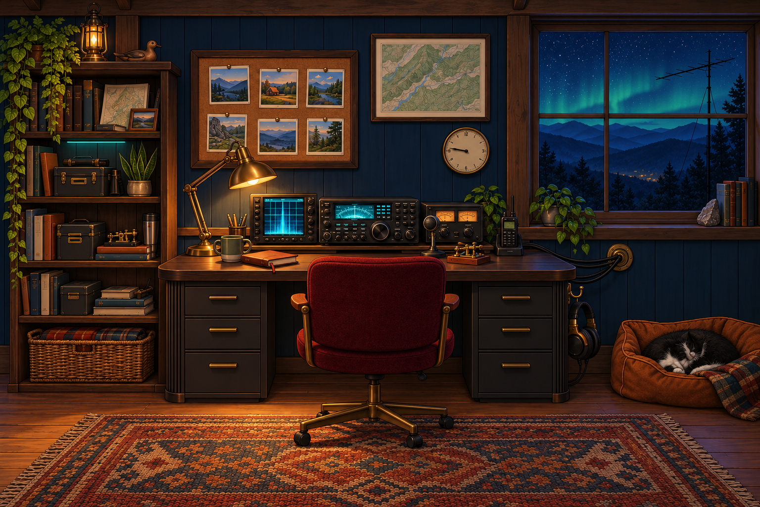 Front-facing illustrated radio room with midnight blue panels, smoked-oak console, hf rig + waterfall display, oxblood fabric chair, stars + aurora, tuxedo cat.