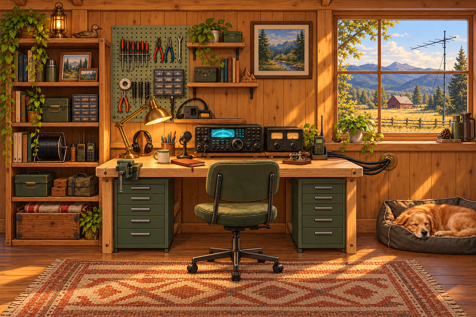 Front-facing illustrated radio room with honey pine + sage pegboard, pine workbench + vise, hf rig + handheld, sage utility chair, rural afternoon, golden retriever.