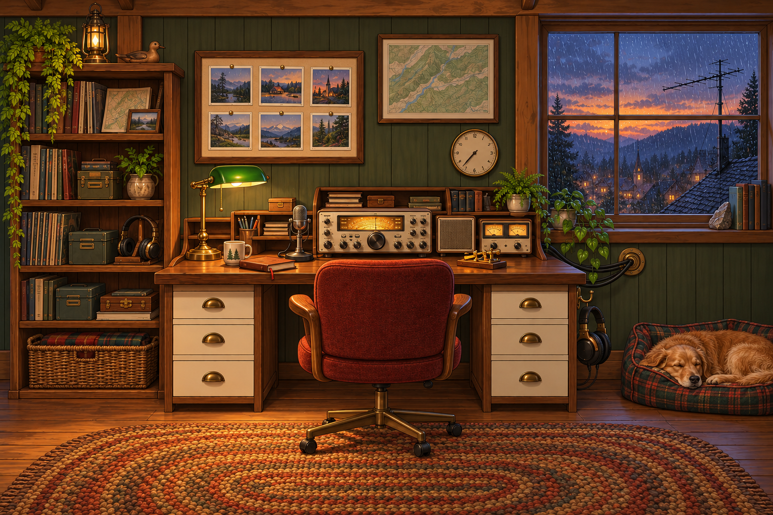 Front-facing illustrated radio room with olive painted paneling, walnut desk + low hutch, cream analog radio, rust vintage chair, rainy village dusk, golden retriever.